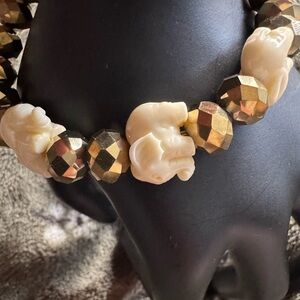 Cream and Gold Carved Bead Bracelet with Crystal Accents